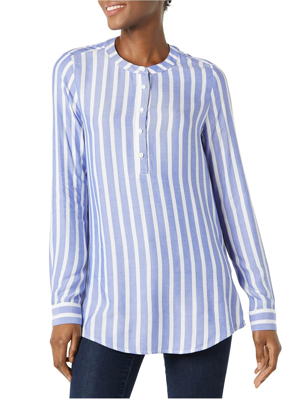 Striped Long-Sleeve Henley Popover Top - Blue/White